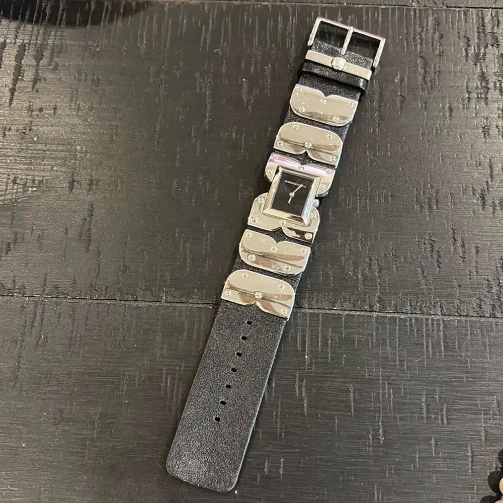BCBGMaxazria Black Leather Stainless Steel Rocker Watch *needs battery​